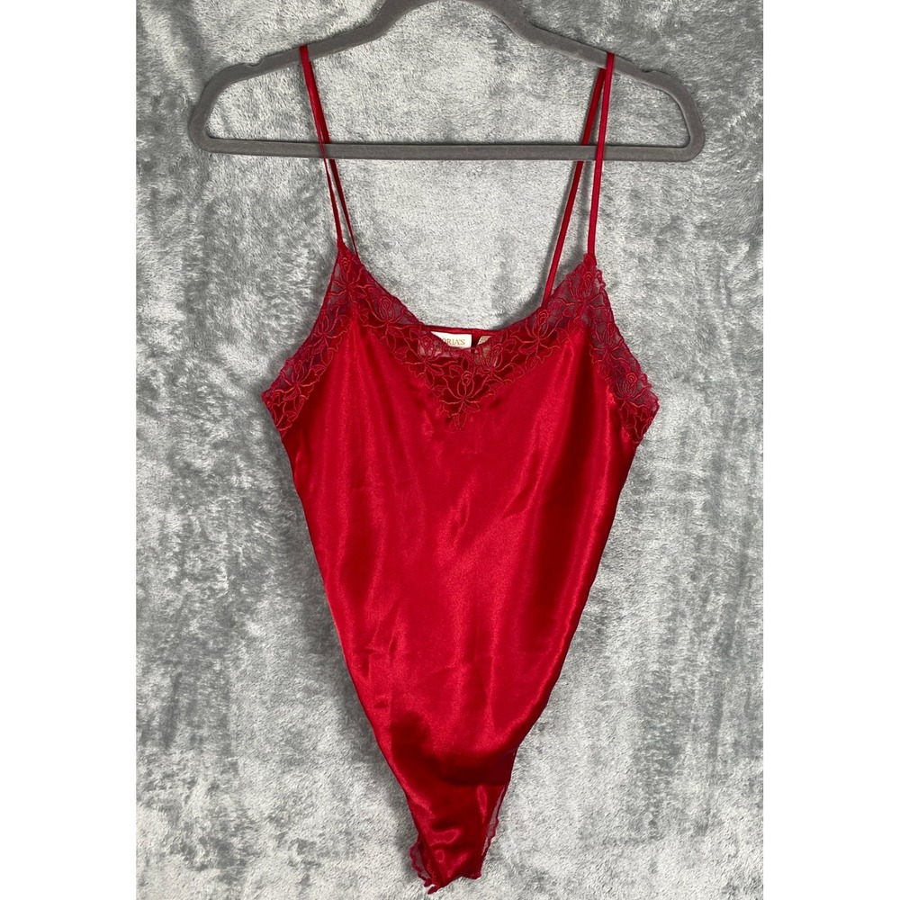 Victoria's Secret Gold Label Teddy Romper Womens S Red Lace Trim High Cut Satin
